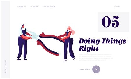 Repair Home Service, Electrician Call Master Website Landing Page. Tiny Man and Woman in Worker Uniform Holding Huge Pliers for Fixing Broken Technics Web Page Banner. Cartoon Flat Vector Illustrationのイラスト素材
