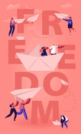 Freedom Concept. Happy People Throwing Paper Airplanes and Floating on Paper Ship. Tiny Male and Female Characters Enjoying Life Traveling Poster Banner Flyer Brochure Cartoon Flat Vector Illustrationのイラスト素材