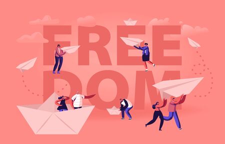Freedom Concept. Happy People Throwing Paper Airplanes and Floating on Paper Ship. Tiny Male and Female Characters Enjoying Life Traveling Poster Banner Flyer Brochure Cartoon Flat Vector Illustrationのイラスト素材