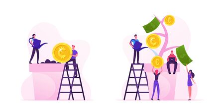Business Man Put Coin in Soil, Woman Watering Plant in Pot. Characters Collecting Golden Coins and Banknotes from Money Tree Financial Profit Investment Banking Income Cartoon Flat Vector Illustrationのイラスト素材