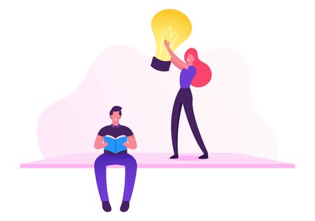 Man Programmer or Coder Reading Book about Computers, Girl Holding Light Bulb. Office Worker or Employee Work on Software Development and Testing or Program Coding. Cartoon Flat Vector Illustrationのイラスト素材