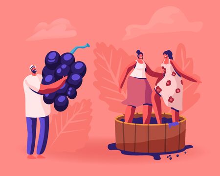 Winemaker Holding Huge Freshly Picked Up Wine Grapes, Harvesting on Vineyard. Happy Smiling Women Stomping Grape in Wooden Barrel. Winemaking Process, Harvest Festival Cartoon Flat Vector Illustrationのイラスト素材