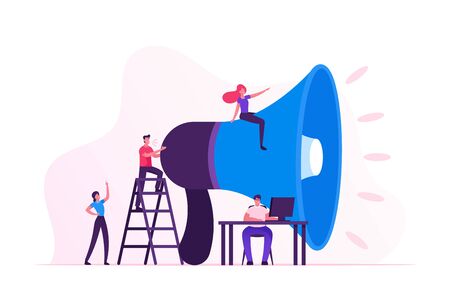 Social Marketing Concept. Men and Women Characters Promoting Online in Social Network Using Laptop and Huge Megaphone. Public Relations and Affairs, Communication, Pr. Cartoon Flat Vector Illustrationのイラスト素材
