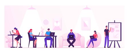 People Working Relaxing Drinking Coffee and Messaging with Gadgets in Coworking Area or Creative Office. Teamwork Communication, Digital Technologies and Crowdsourcing Cartoon Flat Vector Illustrationのイラスト素材
