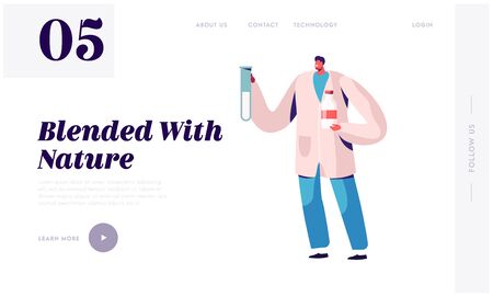 Dairy Production Quality Control Website Landing Page. Man Expert Inspecting Milk in Laboratory. Farmers Production Chemical Examination on Factory Web Page Banner. Cartoon Flat Vector Illustrationのイラスト素材