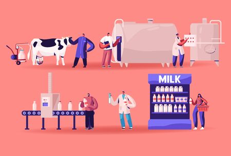 Milk Production Manufacturing, Farm Industry, Stage Process on Conveyor, Dairy Food Machine Plant. Test Beverage Quality in Flask Products Industrial Management, Sale. Cartoon Flat Vector Illustrationのイラスト素材