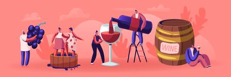 Wine Producing and Drinking Concept. Man with Bottle Pouring Alcohol Drink to Glass. Male and Female Characters Grow Organic Grapes, Produce Natural Vine Production. Cartoon Flat Vector Illustrationのイラスト素材