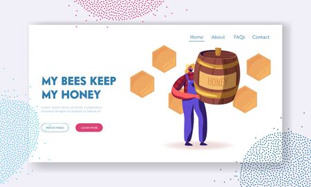 Beekeeping Website Landing Page. Beekeeper Character Holding Huge Barrel with Honey. Farmer Extracting Bees Production for Sale. Organic Sweet Food Web Page Banner. Cartoon Flat Vector Illustrationのイラスト素材