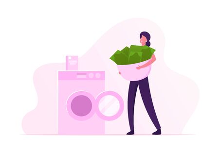 Crime, Fraudulent Scheme Concept. Financial Fraud Woman Carry Currency Banknotes in Basin to Washing Machine for Laundering. Corruption, Illegal Business, Dirty Money. Cartoon Flat Vector Illustrationのイラスト素材