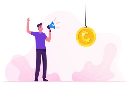 Race for Leadership. Businessman Leader Yelling to Megaphone Controlling Process Standing near Golden Coin Hanging on Rope as Motivation for Workers, Announcement. Cartoon Flat Vector Illustrationのイラスト素材