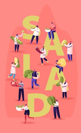 People with Ingredients for Cooking Salad Concept. Tiny Male and Female Characters Holding Huge Vegetables for Healthy Food Nutrition Poster Banner Flyer Brochure. Cartoon Flat Vector Illustrationのイラスト素材