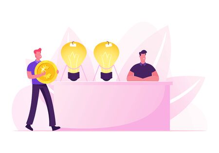 Businessman with Huge Golden Coin in Hands Coming to Desk with Inventor Sitting near Glowing Light Bulbs Selling Business Ideas. Creativity and Innovations Concept Cartoon Flat Vector Illustrationのイラスト素材