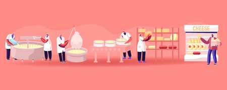 Cheese Food Production Factory. Commercial Characters Make Dairy Machinery Process in Metal Tank. Milk Ripening Manufacturing Equipment Line, Delivery for Sale in Shop Cartoon Flat Vector Illustrationのイラスト素材