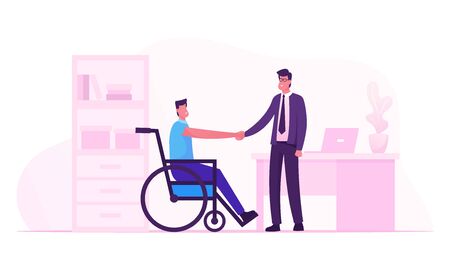 Disability Employment, Work for Disabled People Concept. Handicapped Man Sit in Wheelchair Shaking Hand with Boss or Colleague in Office Introducing with New Workplace Cartoon Flat Vector Illustrationのイラスト素材