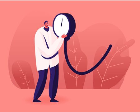 Tiny Doctor Holding Huge Manometer Device, Part of Tonometer for Checking Systolic and Diastolic and Measuring Arterial Blood Pressure. Cardiology Diseases Concept. Cartoon Flat Vector Illustrationのイラスト素材