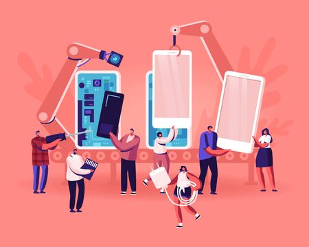 People Assembling and Using Smartphones Concept. Tiny of Men and Women Holding Cellphones, Memory Card and Charger, Robot Arms Assemble Mobiles on Plant. Mobile Phones Cartoon Flat Vector Illustrationのイラスト素材