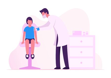 Child Vaccination, Immunization Procedure. Doctor Put Injection to Kid. Boy Sitting on Chair, Medic Shoot Medicine in Shoulder. Little Patient Get Vaccine in Hospital. Cartoon Flat Vector Illustrationのイラスト素材