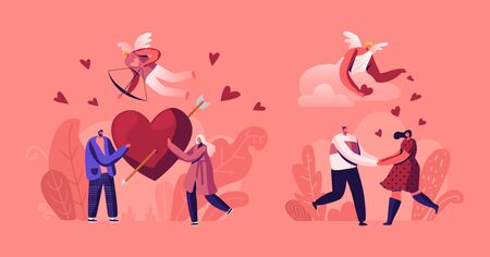 People in Romantic Relationship. Couples on Date Holding Red Heart with Arrow. Cupid with Bow Flying in Sky. Characters Falling in Love. Valentines Day Dream Romance Cartoon Flat Vector Illustrationのイラスト素材