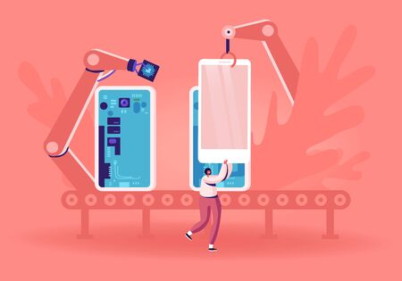 Huge Robot Arms Assemble Smartphone or Tablet on Conveyor Put Microcircuits and Chips inside. Customer Take Mobile Phone from Belt on Tech Industry Production Factory. Cartoon Flat Vector Illustrationのイラスト素材