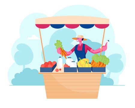 Young Man Seller Standing behind of Outdoor Counter Desk with Fresh Vegetables and Dairy Production. Farmer Marketplace Fair, Ecological Natural Seasonal Farm Products Cartoon Flat Vector Illustrationのイラスト素材