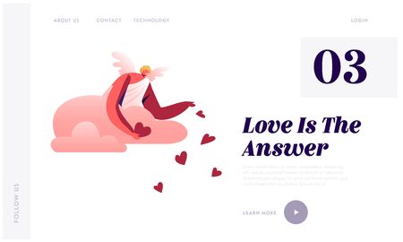 Cupid in White Toga Throw Red Hearts from Cloudy Sky Website Landing Page. Blonde Cherub Spread Love and Romanticのイラスト素材
