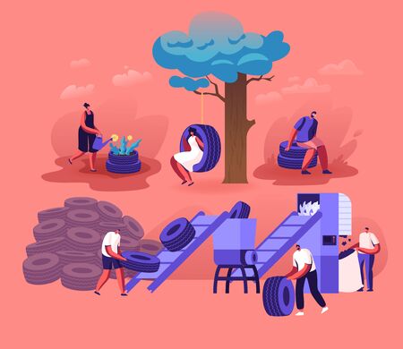 People Using and Recycling Old Automobile Tires Making Flowerbed and Swing at Home Yard, Grinding on Plant. Environment Protection Recycle Industry Trash Reuse Concept Cartoon Flat Vector Illustrationのイラスト素材