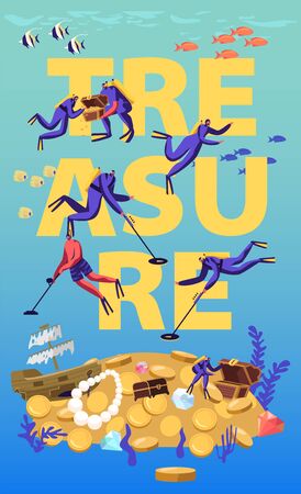 Divers Search and Found Treasures on Sandy Ocean Bottom Concept. People in Diving Suits with Metal Detectors Exploring Underwater Space Poster Banner Flyer Brochure. Cartoon Flat Vector Illustrationのイラスト素材