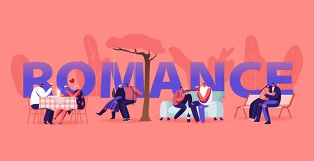 Loving Couple Romance Sparetime Concept. Young Men and Women Spend Time Together Dating at Home and Restaurant, Walking Outdoors, Relaxing Poster Banner Flyer Brochure Cartoon Flat Vector Illustrationのイラスト素材