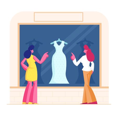 Young Stylish Women Stand at Showcase Looking on Fashioned Dress in Store. Girls Choose Garment Standing at Apparelのイラスト素材