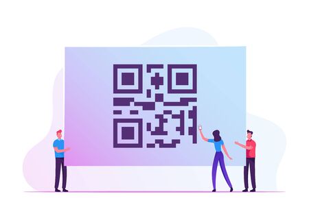 Cashless Society Concept. Woman Hold Smartphone in Hand Scanning Huge Store Qr Code to Check Prices, Receive Promotions and Discounts. Mobile Application for Shopping. Cartoon Flat Vector Illustrationのイラスト素材