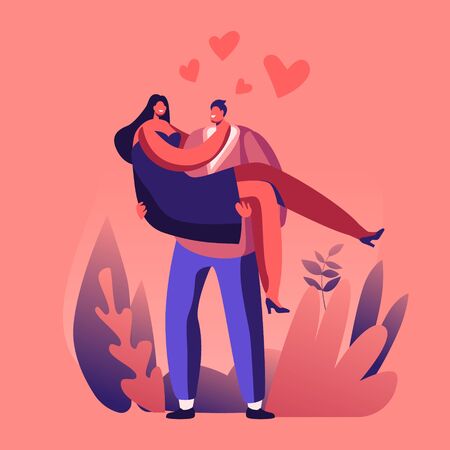 Loving Couple Romantic Relations. Man Holding Woman on Hands with Red Hearts around. Happy Lovers Valentines Day Dating, Lifestyle. Love Feelings, Romance Emotions. Cartoon Flat Vector Illustrationのイラスト素材