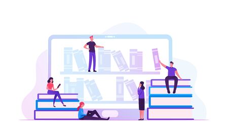 Online Library Concept. People Reading E-books and Study at School Using E-library. Tiny Characters at Huge Laptop Screen with Bookshelves with Media Books Archive. Cartoon Flat Vector Illustrationのイラスト素材