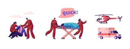 Paramedic Profession Set. Medical Rescue Doctor Characters on Ambulance. Medic Workers Urgent Helicopter and Car Transportation Medicine Vehicle, Hospital Healthcare. Cartoon Flat Vector Illustrationのイラスト素材