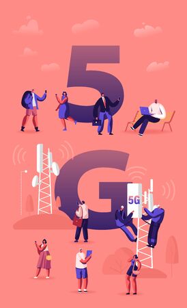 5g Technology Concept. Workers on Transmitter Tower Set Up High-speed Mobile Internet, New Generation Networks for Online Communication Poster Banner Flyer Brochure. Cartoon Flat Vector Illustrationのイラスト素材