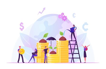 Corporate Social Responsibility. Ethical and Honest Persons Growing Plants on Coins. Strategy for Sustainable and Fair Rights Organization Management or Csr Teamwork. Cartoon Flat Vector Illustrationのイラスト素材