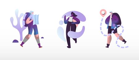 Travelers Hiking Set. Man and Woman Backpackers Learning Map Deciding what Way to Choose, Enjoying Route using Gps Application. Adventure Vacation Tourists Walking Cartoon Flat Vector Illustrationのイラスト素材