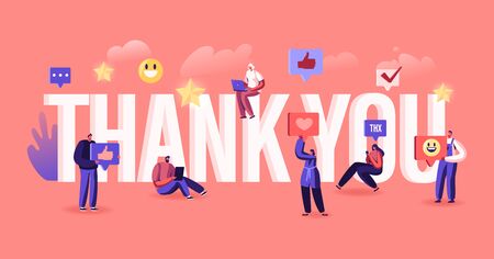 Thank You Concept. Grateful Blogger or Media Person Give Thanks to Followers in Internet Social Networks. Mobile Communication Technology Poster Banner Flyer Brochure. Cartoon Flat Vector Illustrationのイラスト素材