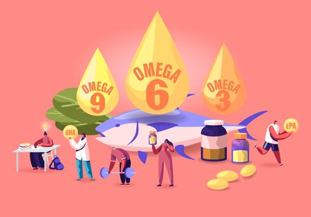 Omega Fat Concept. People Take Products and Vitamins with Polyunsaturated Fatty Acids Natural Organic Foodのイラスト素材