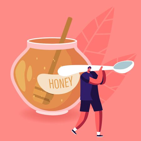 Natural Healthy Sweeteners Concept. Tiny Male Character Carry Huge Spoon near Glass Jar Full of Honey. Beekeeping Industry, Ecological Sweet Food, Pure Nutrition. Cartoon Flat Vector Illustrationのイラスト素材