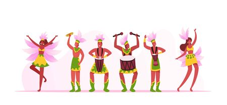 Rio Carnival Musicians Band and Girls Dancers Isolated on White Background. Young Men Playing Drums during Traditional Festival in Brazil. Artists with Instruments Cartoon Flat Vector Illustrationのイラスト素材