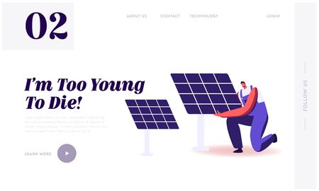 Green Energy, Global Warming and Environment Problems Website Landing Page. Man Set Up Solar Panel. Renewable Sun Power, Clean Electricity Development Web Page Banner. Cartoon Flat Vector Illustrationのイラスト素材