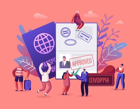 People Getting Visa Concept. Travelers and Tourists Making Document for Leaving Country and Travel Abroad. Foreign and Native Passport, Traveling Immigration Stamp, Cartoon Flat Vector Illustrationのイラスト素材