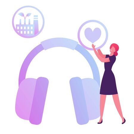 Hse Concept. Woman Holding Heart Icon in Hands Stand near Huge Headset for Workers Ears Protection on Factory Manufacture. Health Safety Environment, Human Life Value Cartoon Flat Vector Illustrationのイラスト素材