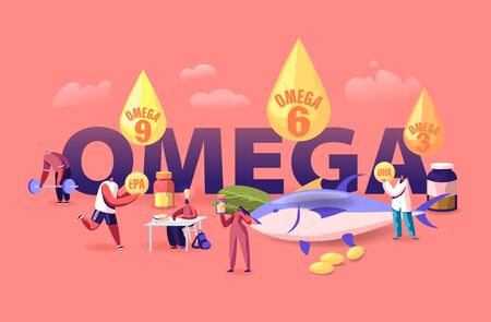 Omega Fat Concept. People Take Products and Vitamins with Polyunsaturated Fatty Acids Natural Organic Food with High Omega 3- 6- 9 Content Poster Banner Flyer Brochure Cartoon Flat Vector Illustrationのイラスト素材