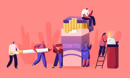 Smokers and Smoking Addiction Concept. Young and Old People Smoke near Huge Cigarettes Box, Senior with Pipe in Public Place. Male and Female Characters Have Bad Habit Cartoon Flat Vector Illustrationのイラスト素材