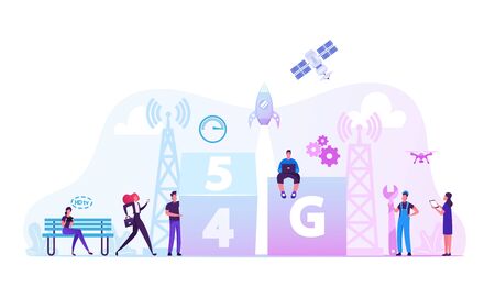 5g Technology Concept. Workers Set Up High-speed Mobile Internet in City, People near Transmitter Towerのイラスト素材