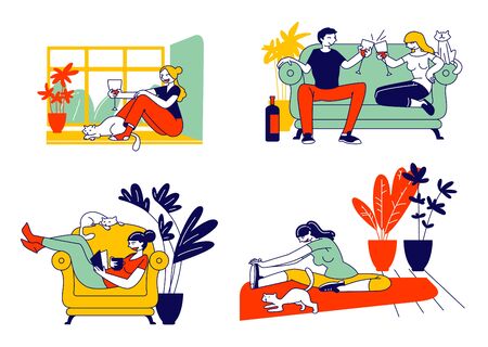 Young Woman and her Cat Set. Girl Spend Time at Home Alone and Dating with Boyfriend, Drinking Wine, Doing Fitness Workout Exercising, Reading Book with Pet. Cartoon Flat Vector Illustration, Line Artのイラスト素材
