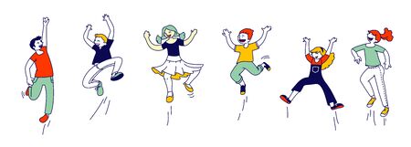 Happy Kids Stand in Row Dancing and Jumping Isolated on White Background. Little Children Rejoice on Summer Time Vacation or Party. Cute Funny Boys and Girls Cartoon Flat Vector Illustration, Line Artのイラスト素材