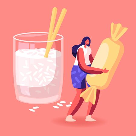 Products with High and Low Glucose Level, Good and Bad Carbohydrate Food Resources, Health Concept. Woman Hold Huge Sweet Stand at Glass with Chia Seeds or Rise Grain. Cartoon Flat Vector Illustrationのイラスト素材