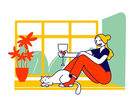 Young Woman Sitting on Windowsill with Cat Holding Glass and Drinking Wine Looking through Window. Weekend Home Relaxation, Leisure Spare Time, Girl with Pet Cartoon Flat Vector Illustration, Line Artのイラスト素材